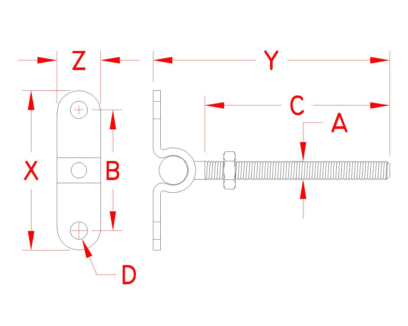 Stainless Steel Turnbuckle Wall Toggle, P0770-WT07, P0770-WT09, P0770-WT10, P0776-WT07, P0776-WT09, P0776-WT10, Line Drawing